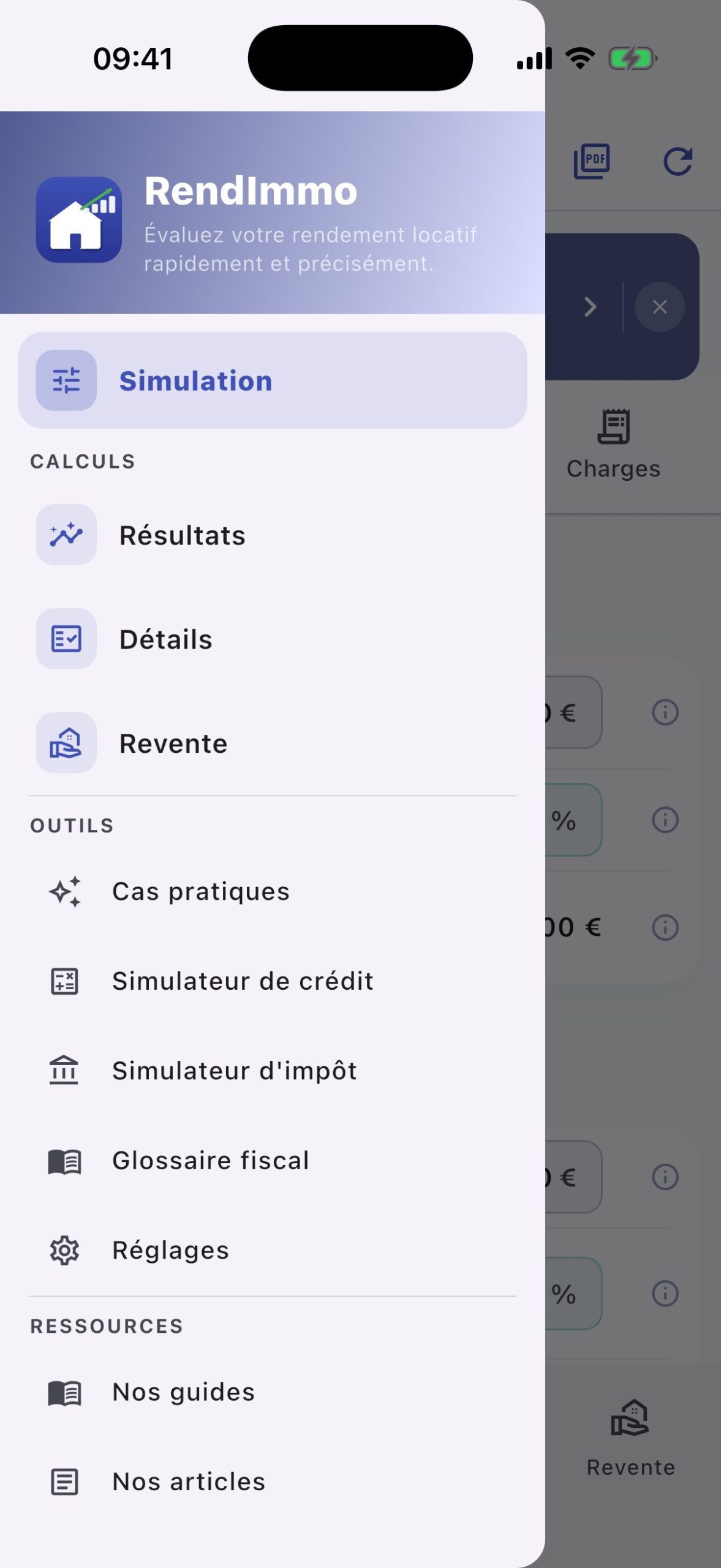 Vue principale de l'application RendImmo avec le drawer de navigation ouvert