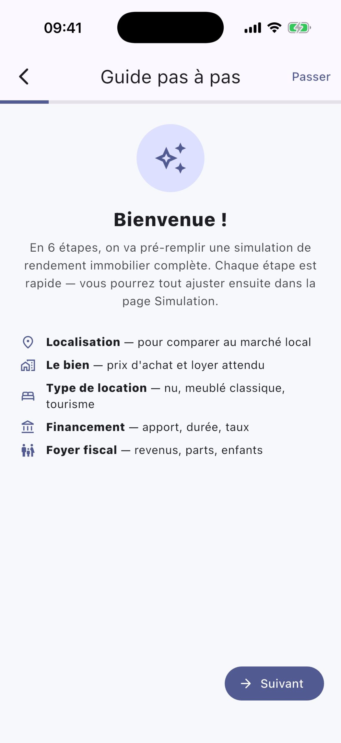 Première étape du wizard de RendImmo avec présentation des 6 étapes