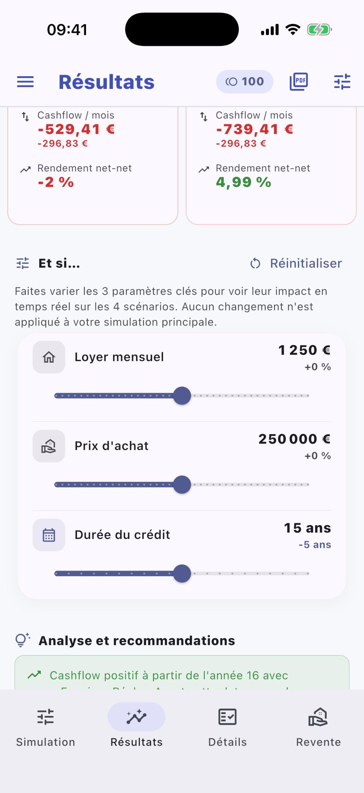 Sliders Et si de RendImmo permettant de varier loyer, prix et durée en direct