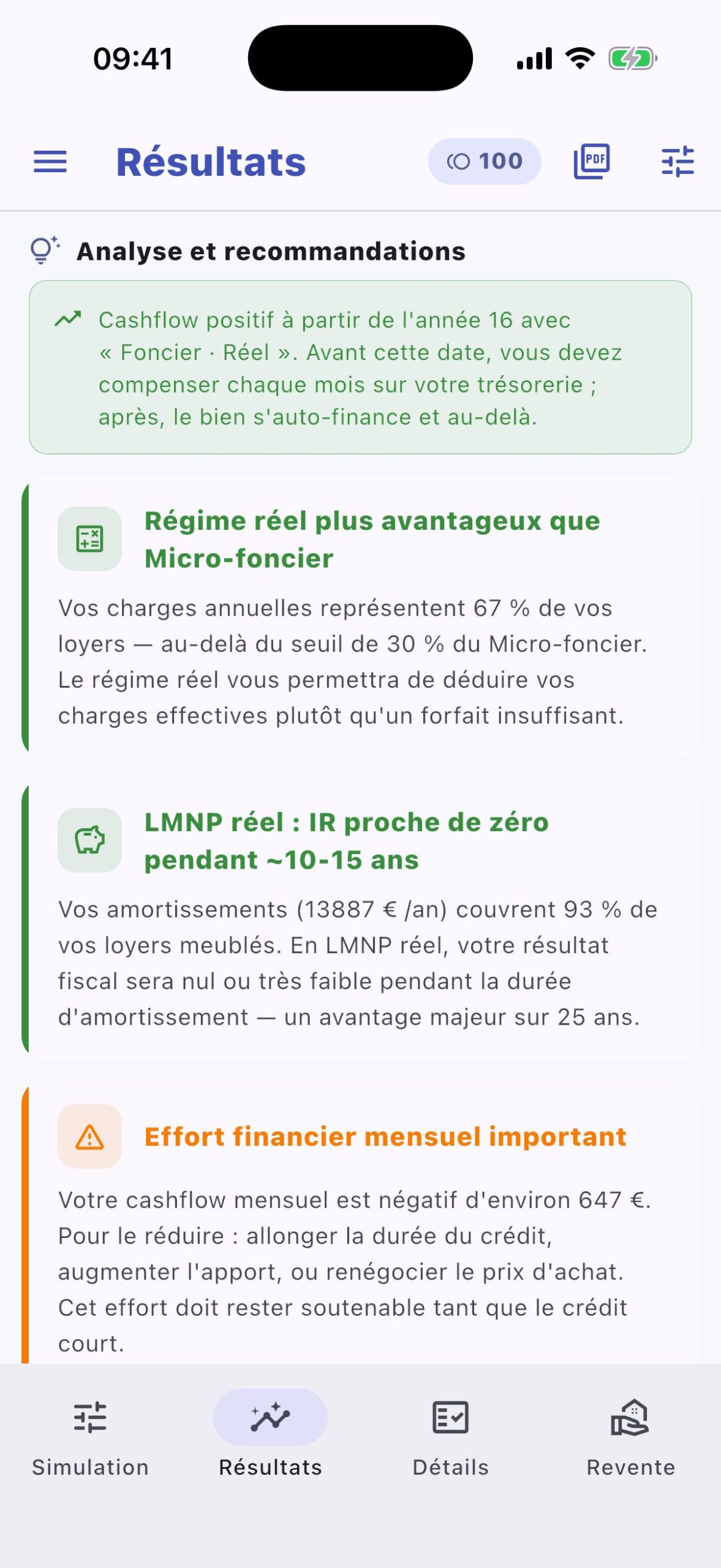 Section Analyse et recommandations de RendImmo avec conseils contextuels