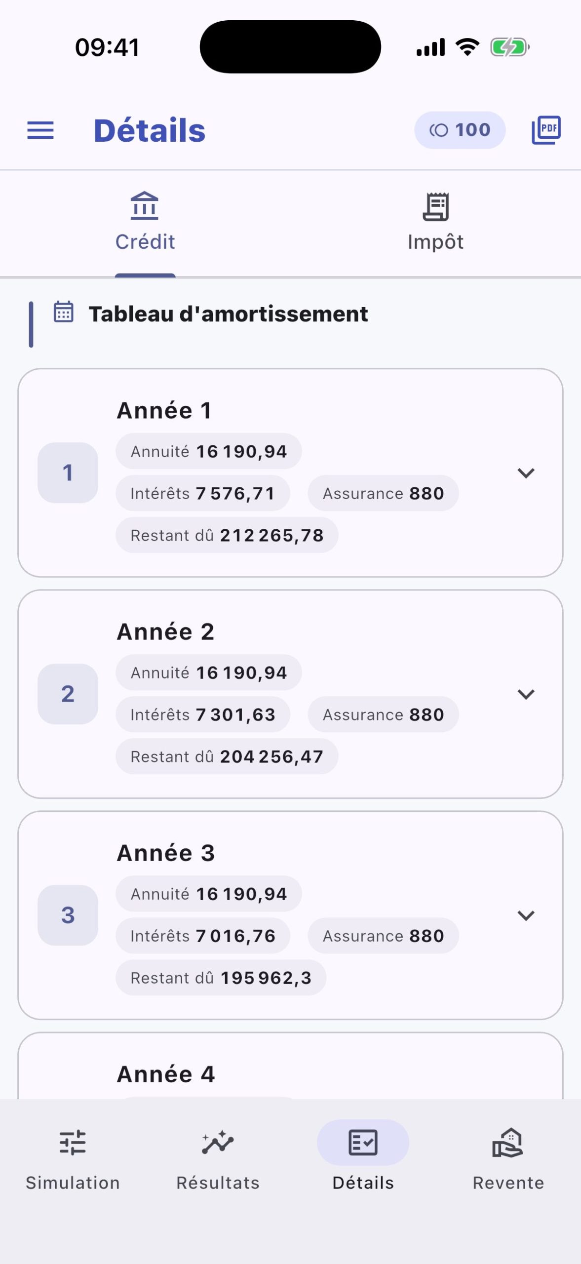 Onglet Détail crédit de RendImmo avec tableau d'amortissement et répartition mensuelle