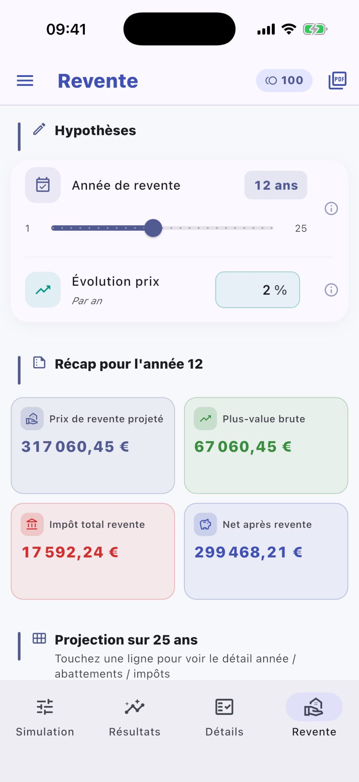 Onglet Revente de RendImmo avec slider année de revente et tableau de projection