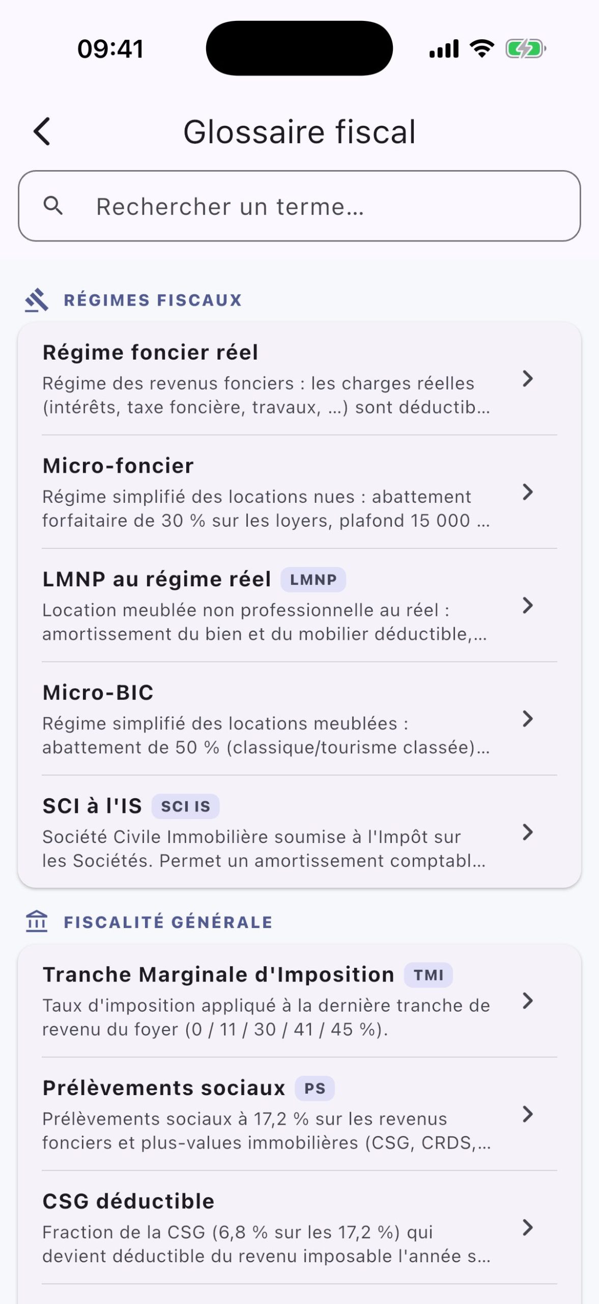 Glossaire fiscal de RendImmo avec catégories et 25 termes techniques