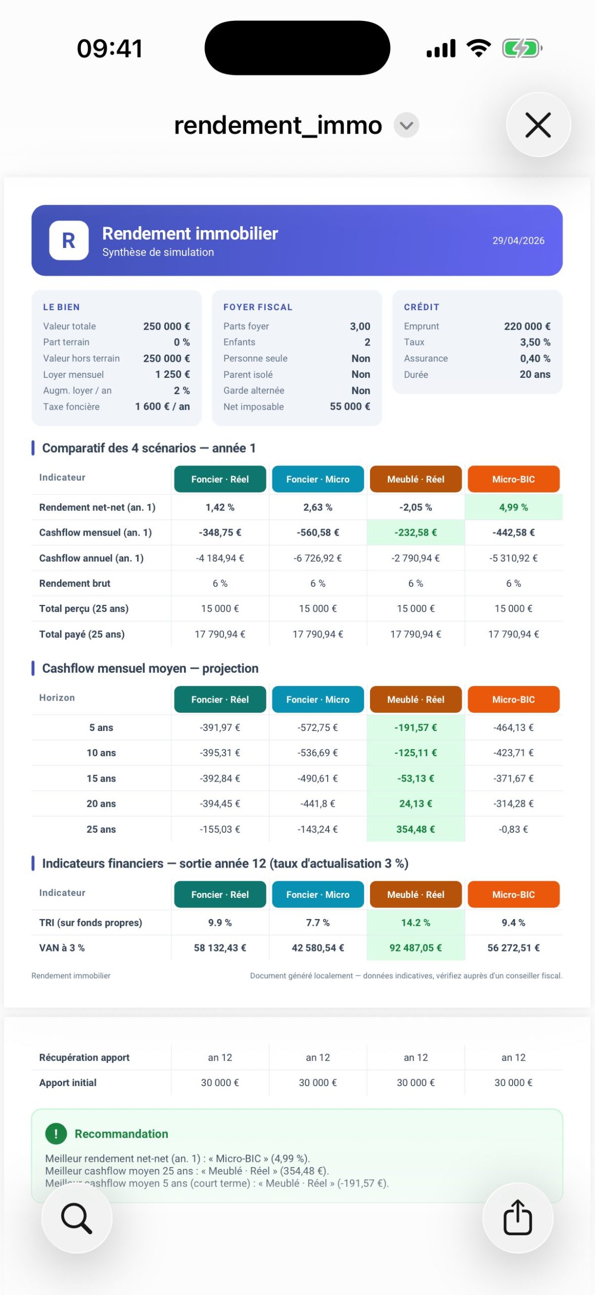 Aperçu du PDF de synthèse exporté par RendImmo
